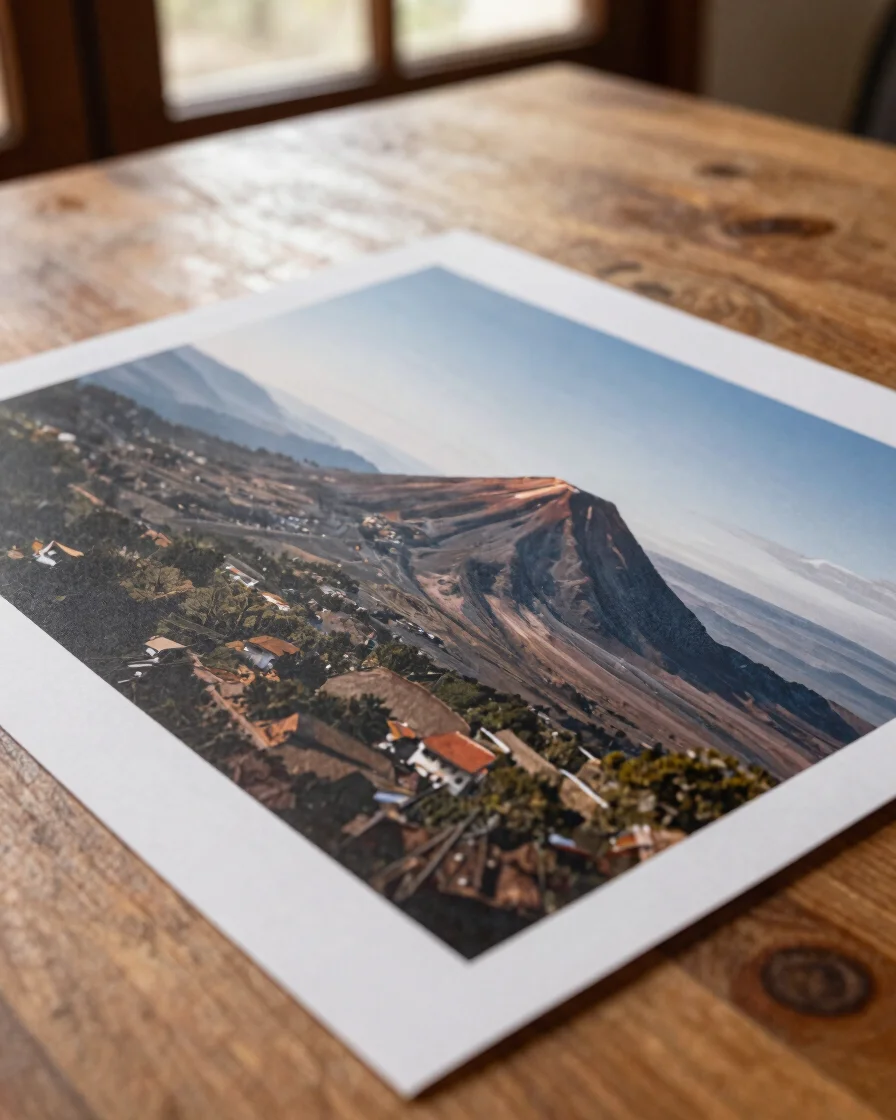 Close detail of a fine-art photographic print on matte paper rest