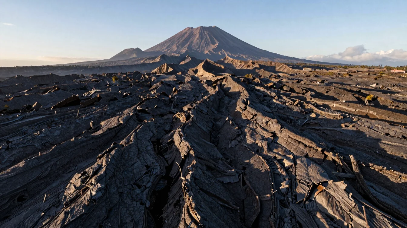Full-bleed panoramic photograph of a Guatemalan volcanic landscape at soft mountain light, rugged lava relief stretching