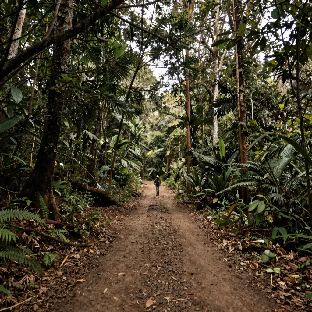 Misty cloud forest trail in Guatemala, natural diffused light fil
