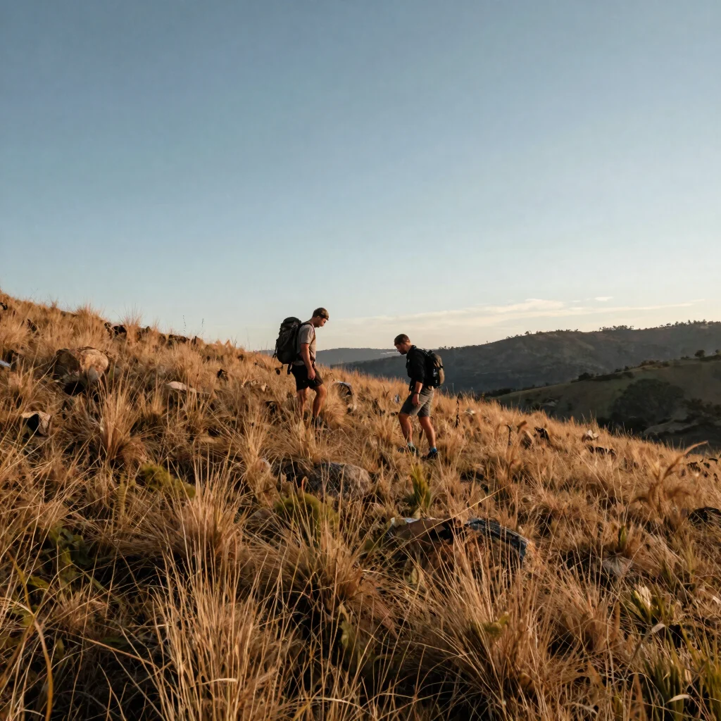 Adventure scene in Guatemalan highlands, two hikers crossing a gr