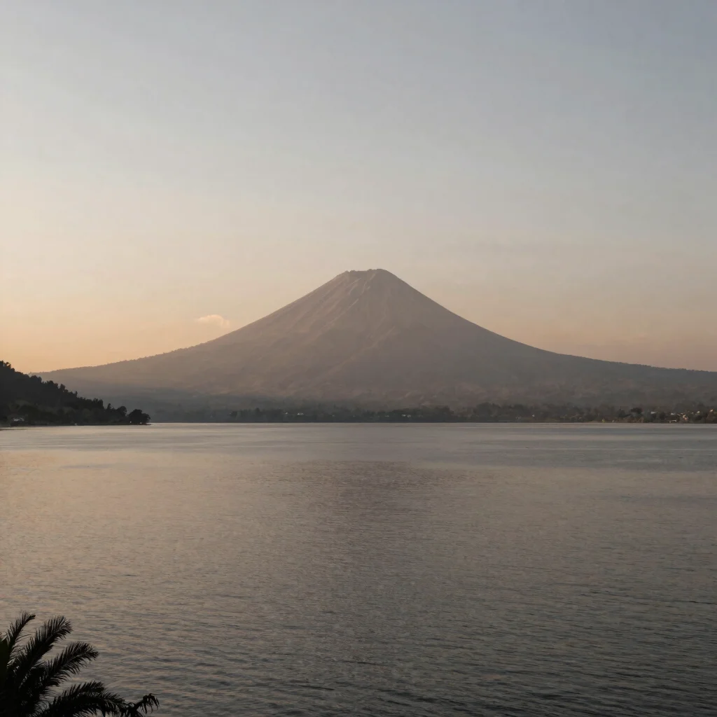 Expansive view over a Guatemalan lake framed by volcanoes at dawn
